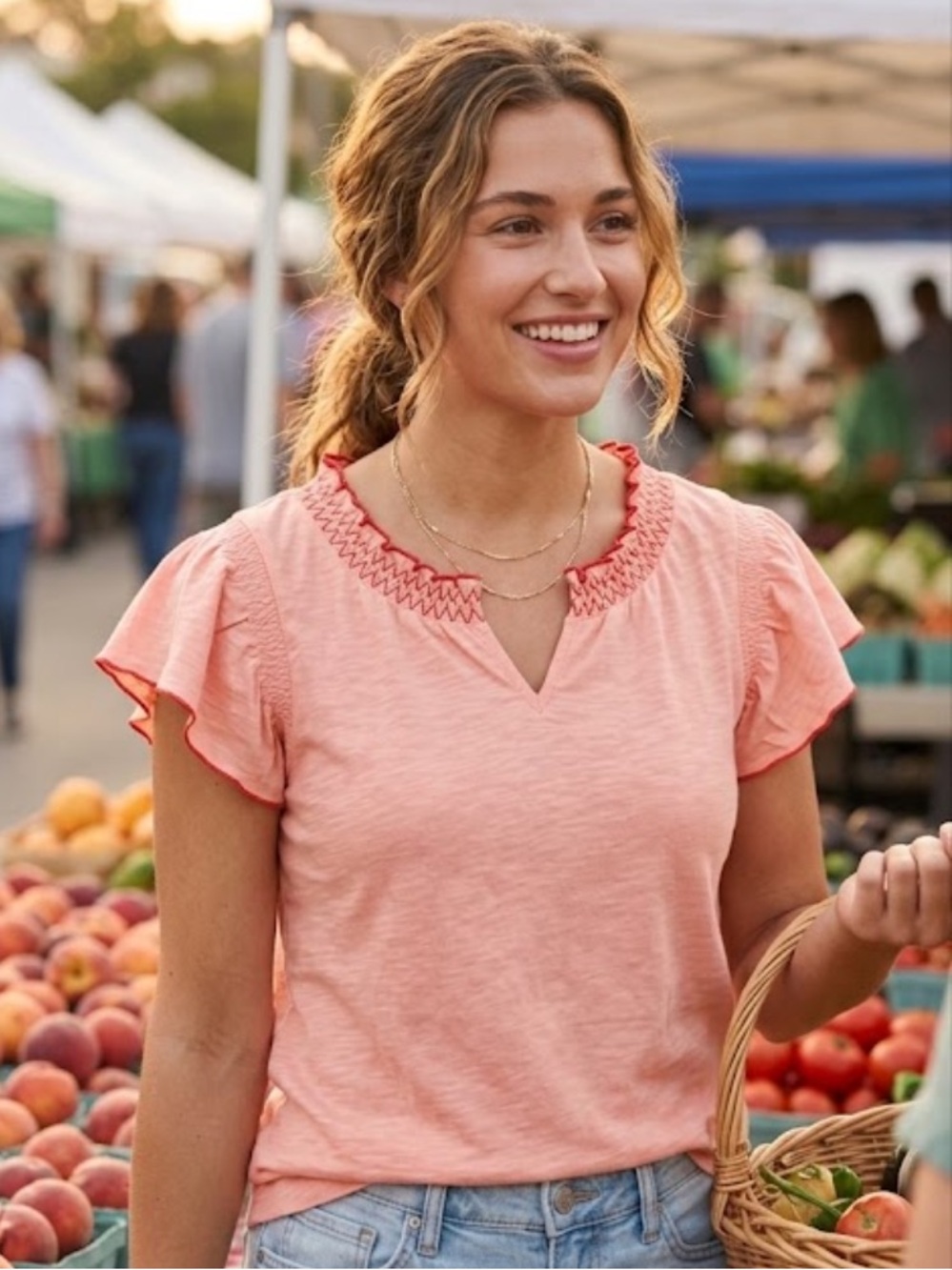 St. John's Bay Peach Short Sleeve Ruffle-Trim Top